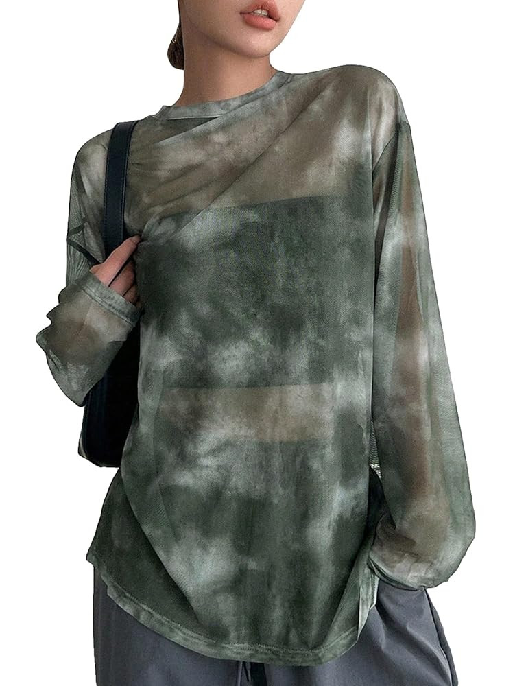 Verdusa Women's Y2k Tie Dye Sheer Mesh Top Drop Shoulder Long Sleeve Oversized Rave Streetwear To... | Amazon (US)
