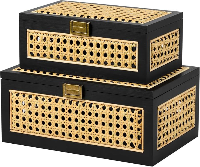 2PCS Rattan Storage Boxes Decorative Handmade Natural Wood Baskets with Lid Wooden Frame Boho Rus... | Amazon (US)