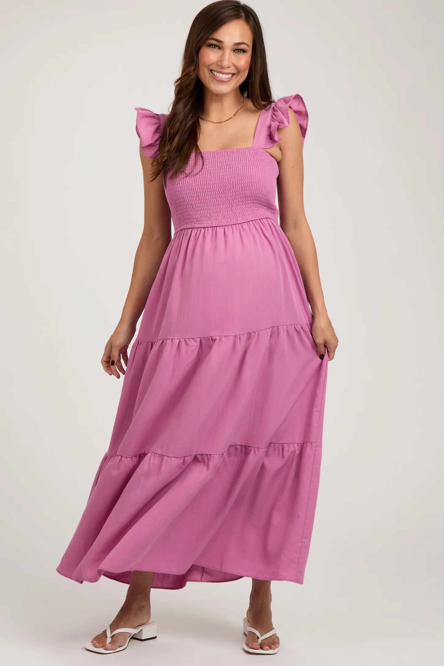 Mauve Sleeveless Smocked Tiered Maternity Maxi Dress | PinkBlush Maternity