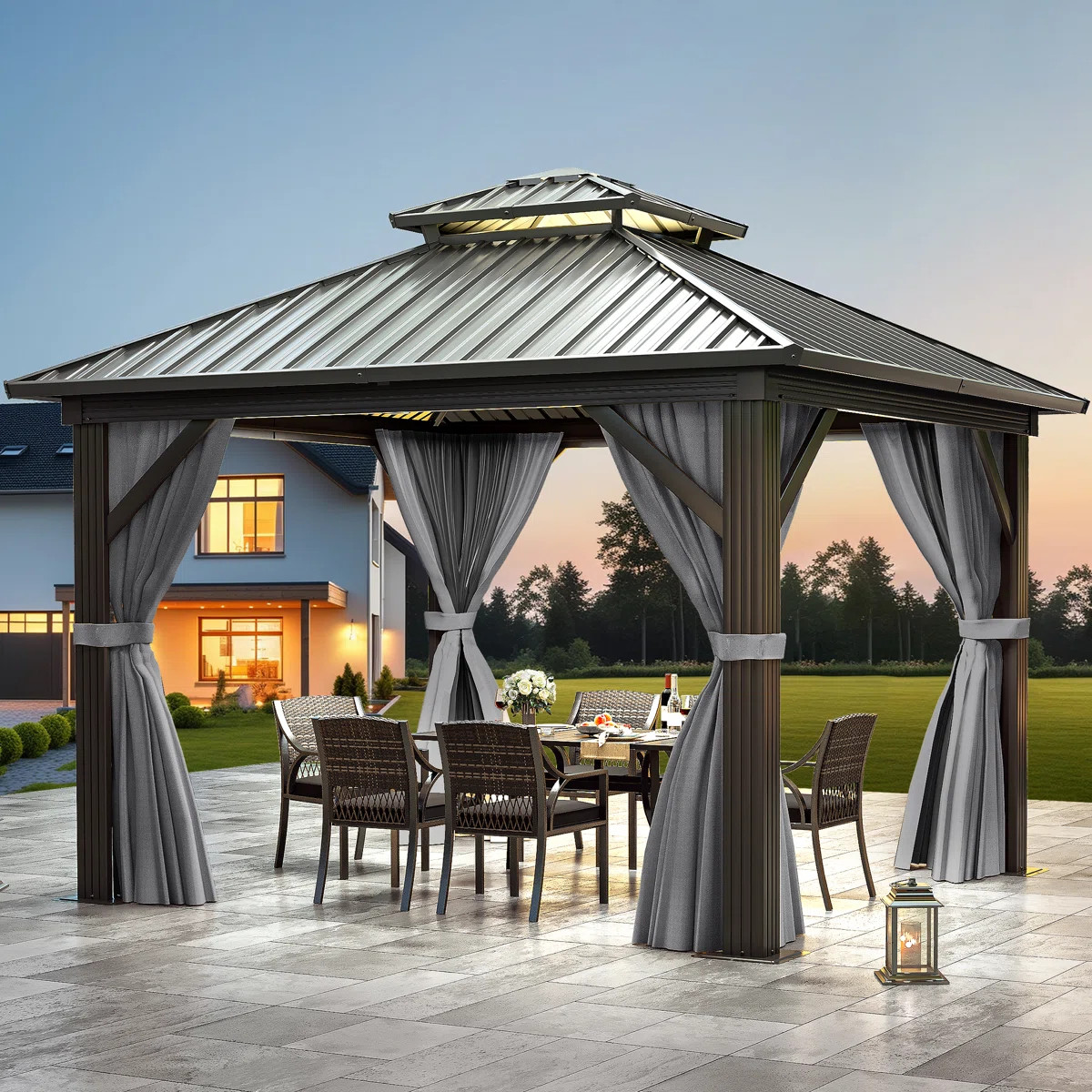 Outdoor Metal Hardtop Patio Gazebo with Privacy Curtain and Mosquito Netting | Wayfair North America