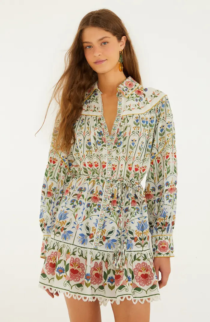 Stitched Garden Long Sleeve Cotton Blend Mini Shirtdress | Nordstrom