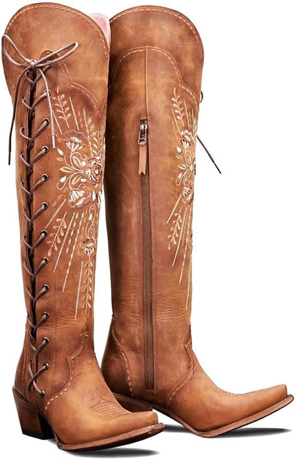 Yolkomo Cowboy Boots for Women Wide Calf Embroidered Western Cowgirl Boots Pointed Toe Over-The-K... | Amazon (US)