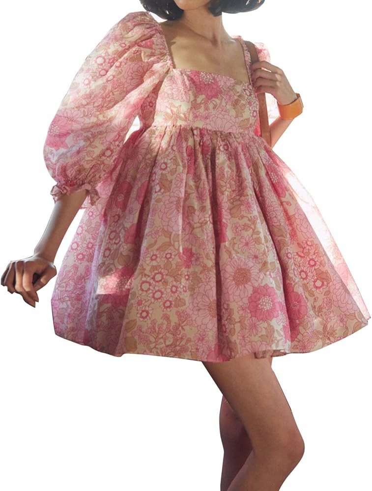 Womens Puff Sleeve Tulle Dress Princess Dress Square Neck Bubble Sleeve Fairy Mini Dress Tie Dye ... | Amazon (US)