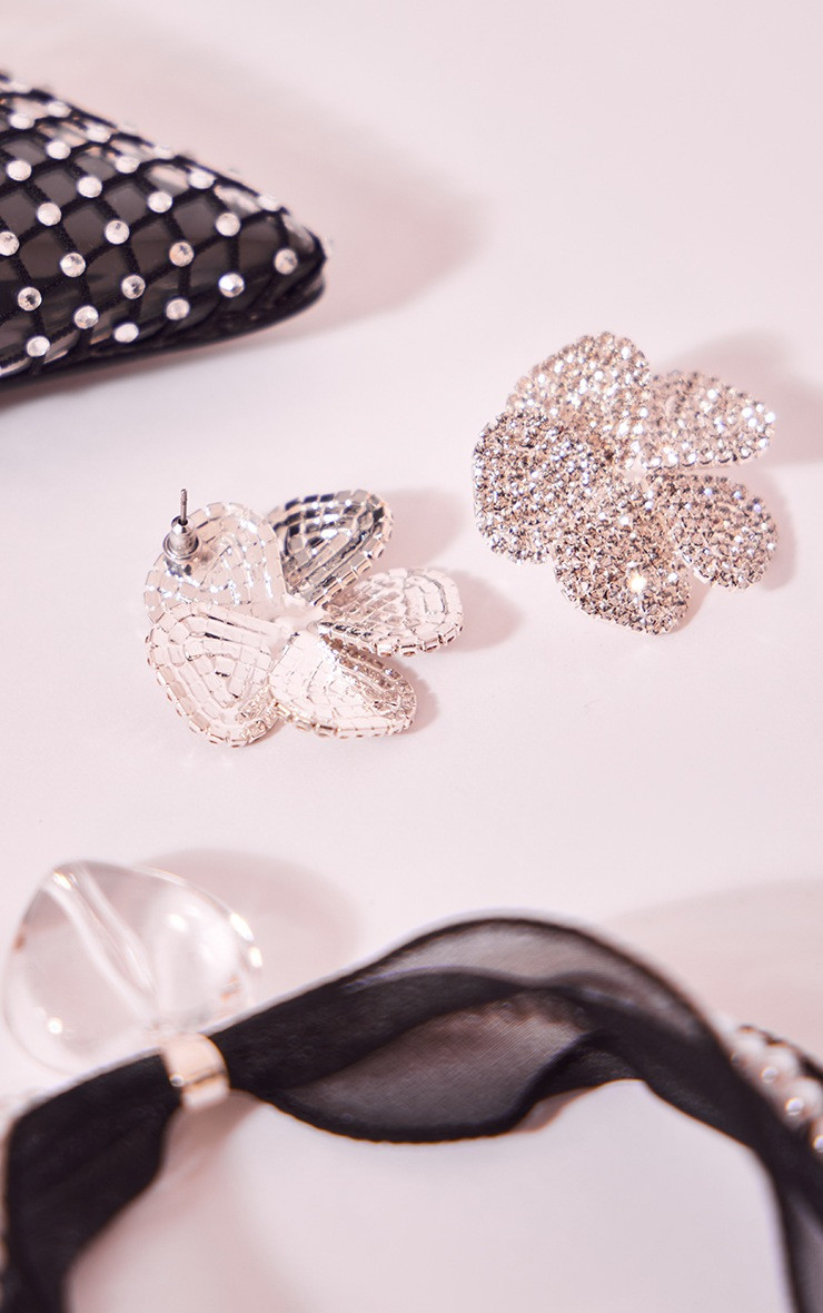 Silver Diamante Statement Flower Earrings | PrettyLittleThing US