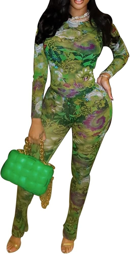 SHESEEWORLD Women's Sexy 2 Piece Outfits Mesh Printed Long Sleeve Round Neck Tops And Bodycon Lon... | Amazon (US)