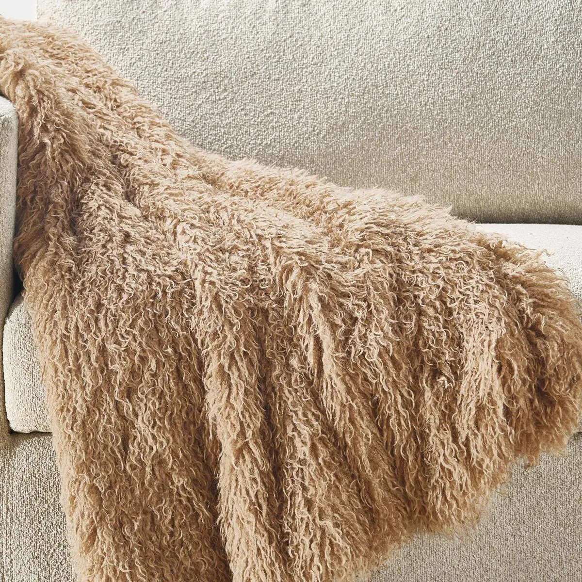 Micah Faux Mongolian Throw 50" x 60" - Beige | Z Gallerie