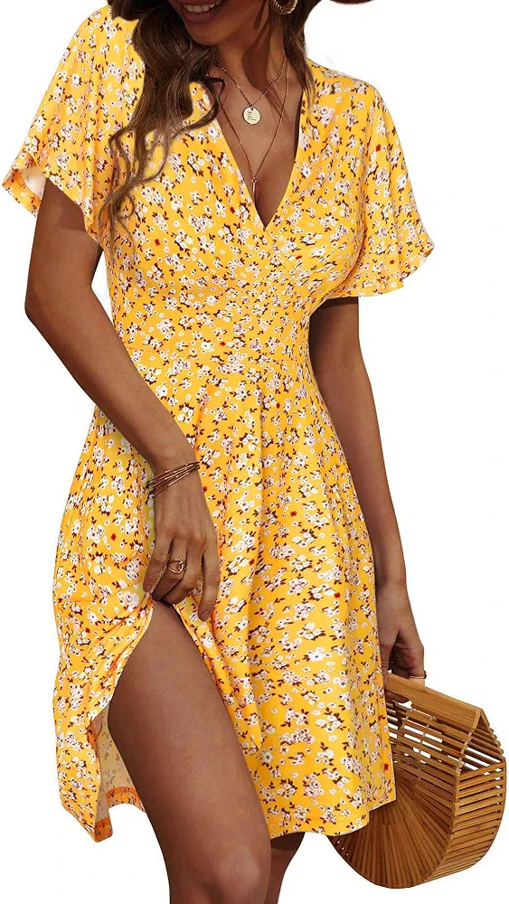 FENSACE Womens Sundress Summer Floral Short Sleeve Wrap V Neck A-Line Midi Dress | Amazon (US)