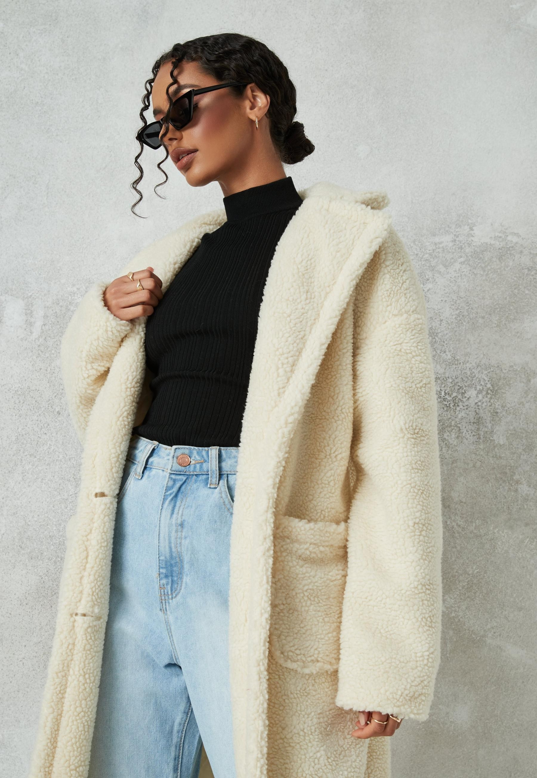 Tall Cream Borg Teddy Patch Pocket Coat | Missguided (US & CA)