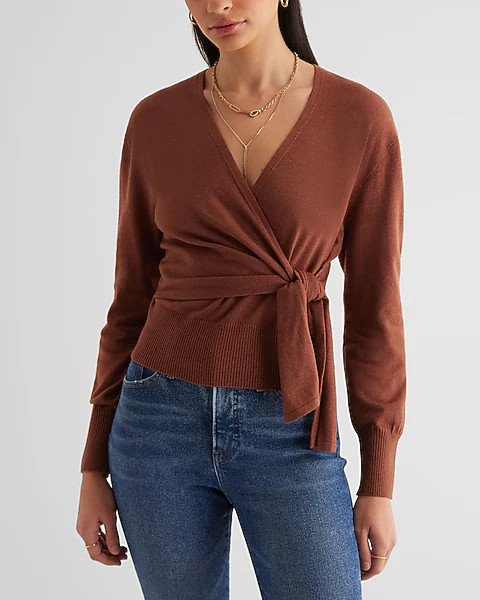 Long Sleeve Surplice Tie Waist Sweater | Express