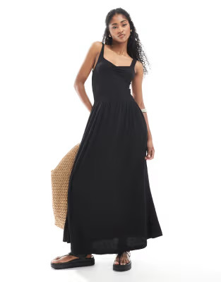 ASOS DESIGN crinkle sweetheart neck midi dress in black | ASOS (Global)