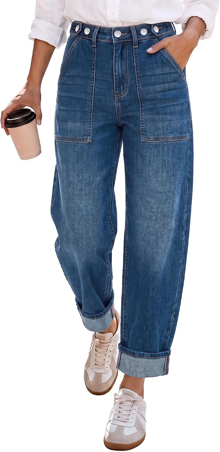GRAPENT Barrel Jeans Women Cinched High Waisted Cuffed Stretchy Denim Pants | Amazon (US)