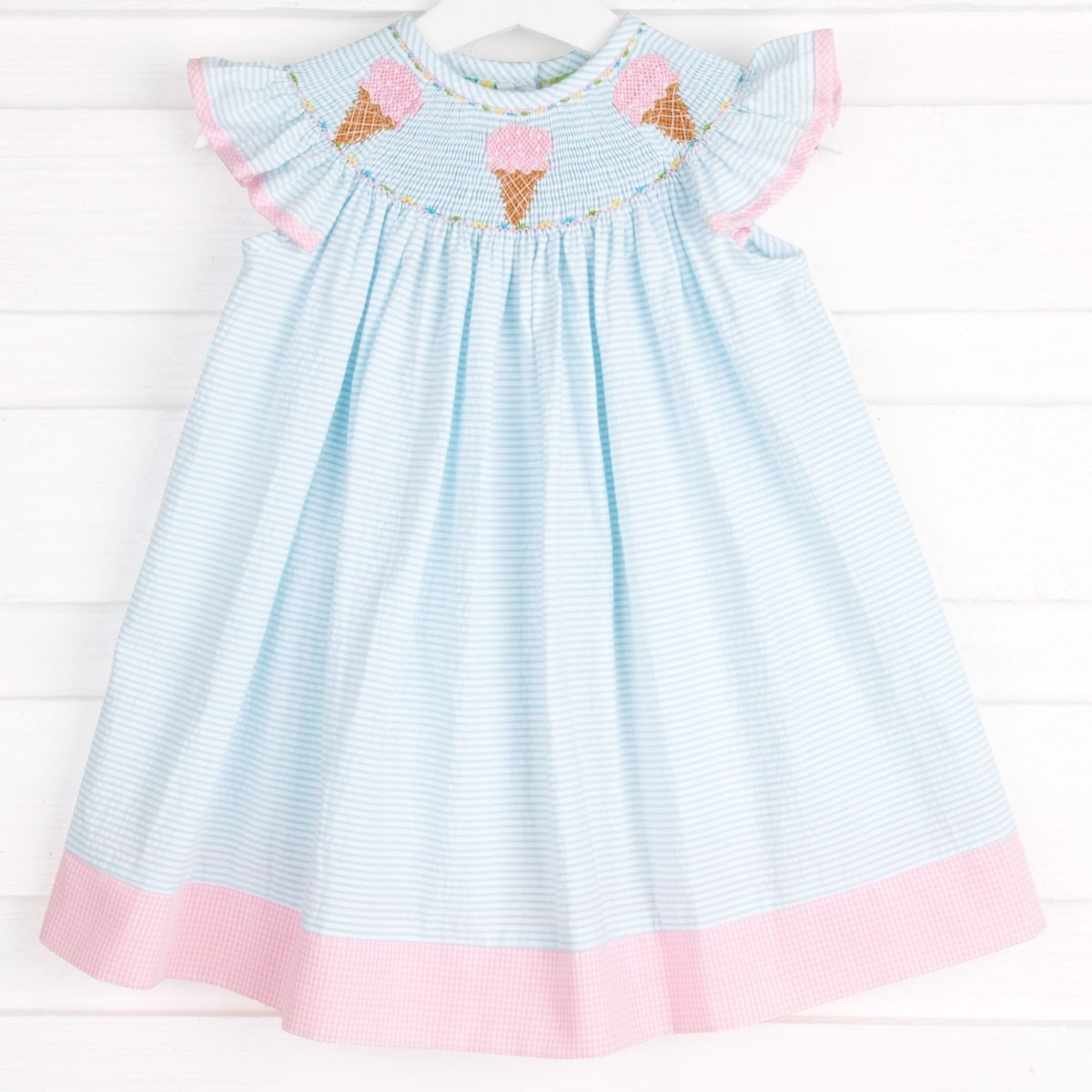 Ice Cream Smocked Dress Turquoise Seersucker | Classic Whimsy