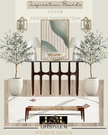Fresh and neutral foyer design inspiration. Wood console table, wood bench, white foyer runner, wood floor tile, white tree planter, faux fake tree, green wall art, brass gold wall sconce light, white table lamp, decorative bowl.

#LTKstyletip #LTKhome #LTKFind