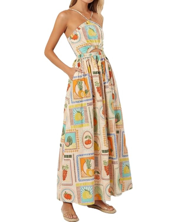 Kuraki Women's Classy Maxi Print Halter Dress with Pockets | Amazon (US)