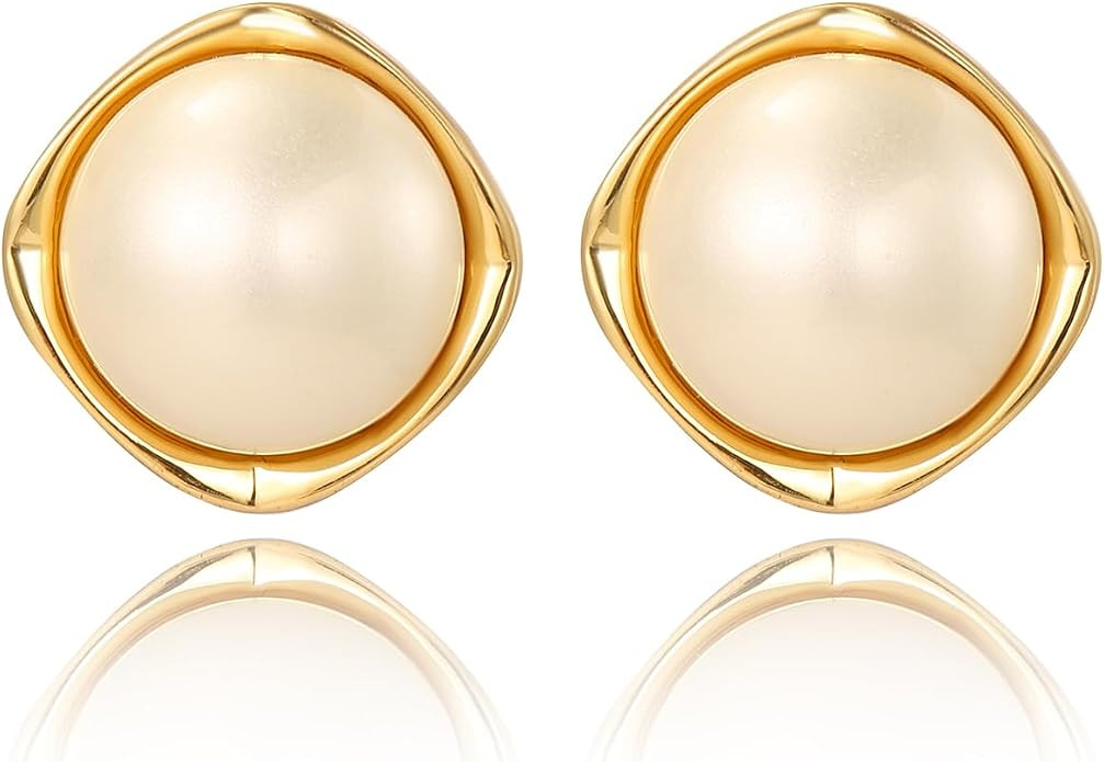 Gold Plated Pearl Stud Earrings for Women Trendy, Geometric Hypoallergenic Statement Earrings Chu... | Amazon (US)