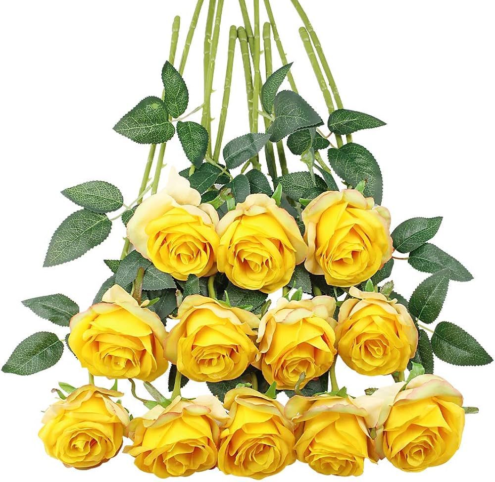 Tifuly 12PCS Yellow Rose Artificial Flower, Realistic Single Stem Fake Silk Rose Bouquet for Wedd... | Amazon (US)
