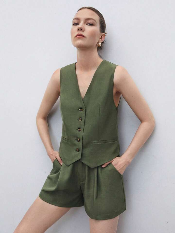 SHEIN BIZwear Button Front Vest Blazer & Shorts Workwear | SHEIN