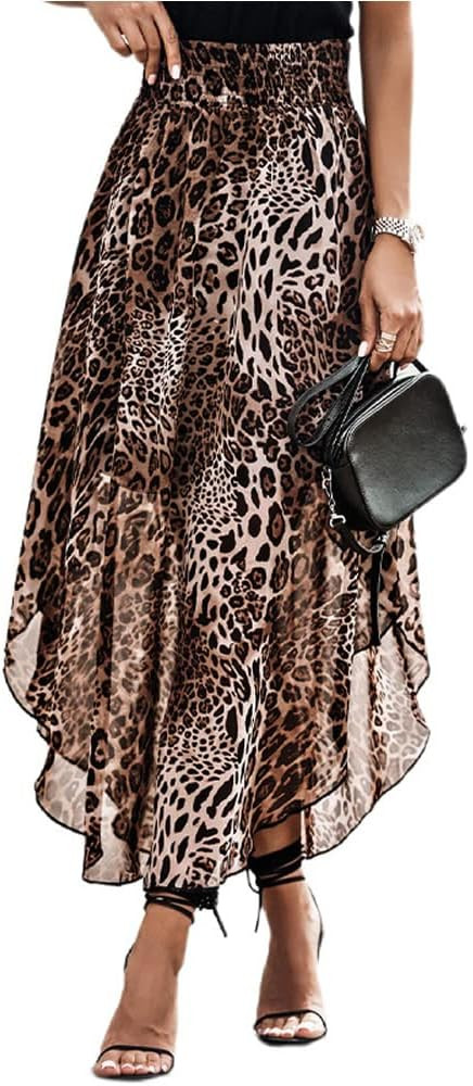 Lepord Print Midi Skirt Sexy and Charming Long Flowy Skirts, Elastic Waist Leopard Print Bustier | Amazon (US)