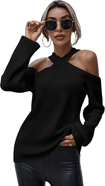 SweatyRocks Women's Cold Shoulder Lantern Sleeve Halter Top Casual Cut Out Rib Knit Sweater | Amazon (US)