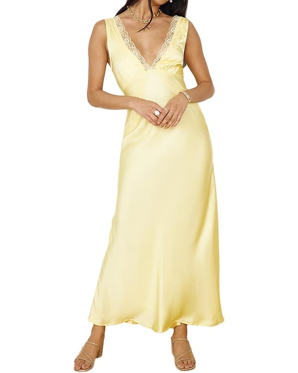 BAGONE Summer Satin Lace V Neck Backless Wedding Guest Maxi Dresses for Women Elegant Sleeveless ... | Amazon (US)