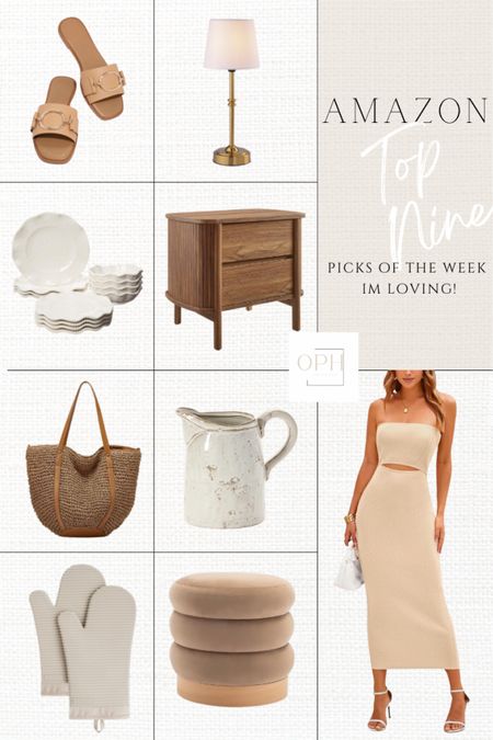 Top nine! Natural spring home and fashion finds I’m loving from Amazon right now!

Tan sandals, spring fashion, spring dress, resort wear, beige dress, tan dress, strapless dress, kitchen oven mitts, kitchen pitcher, gold lamp, table lamp, woven handbag, velvet ottoman, scalloped dishes, kitchen dishes, dining essentials, midi dress, slides, summer fashion, Amazon home, Amazon home

#LTKhome #LTKstyletip #LTKSeasonal