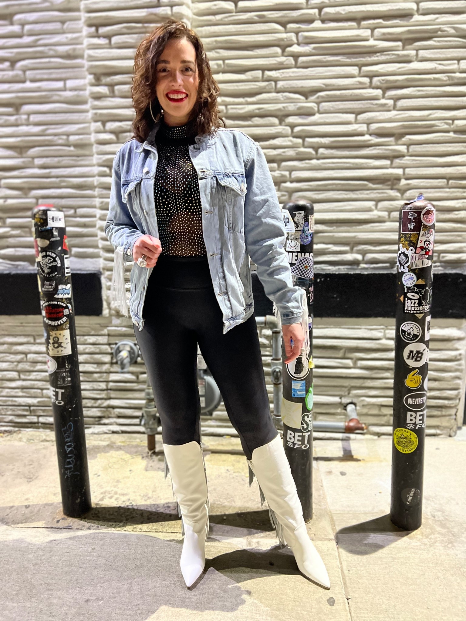 Fringe denim jacket (s). Embellished black bodysuit (s). Black faux leather leggings (s). White fringe boots (8.5). #jacket #denimjacket #fringejacket #bodysuit #blackbodysuit #embellishedbodysuit #leggings #fauxleatherleggings #blackleggings #boots #fringeboots #whiteboots 
spring outfits 2026

#LTKSpringSale #LTKSeasonal #LTKFestival