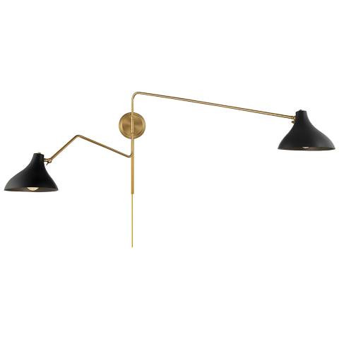 Meridian Black with Brass 2-Light Swing Arm Wall Lamp | Lamps Plus