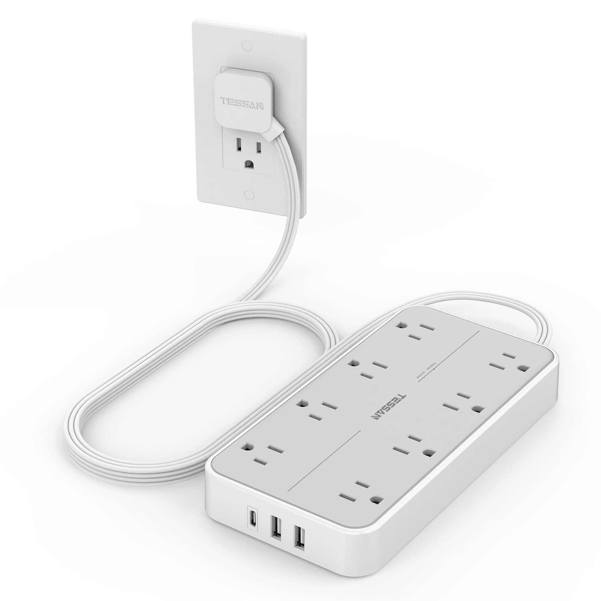 Power Strip Surge Protector, TESSAN Flat Plug Extension Cord with 8 Outlets 3 USB Charger(1 USB C... | Amazon (US)