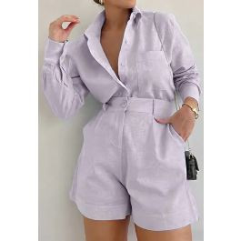 Casual Patch Pocket Buttoned Shirt and Shorts in Lilac for Urban Daily Wear & Coffee Runs | Chicwish