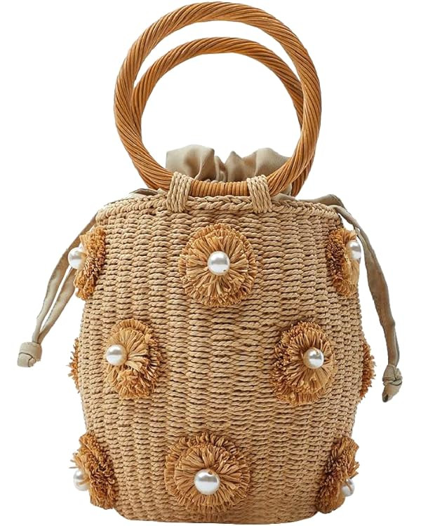 Flower Pearls Rattan Tote Bag Summer Beach Drawstring Straw Bucket Bag Diamonds Woven Handbag | Amazon (US)