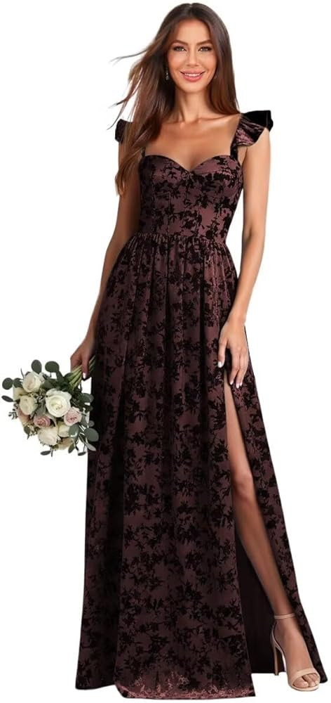 Corest Floral Bridesmaid Dresses for Women Ruffle Strap Sweetheart Neck High Slit Velvet Formal D... | Amazon (US)