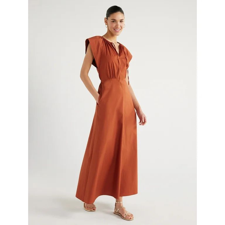Scoop Women's Tie Neck Poplin Maxi Dress with Pockets, Sizes XS-XXL | Walmart (US)