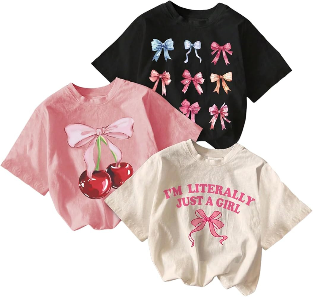 Girl's Bow Cherry Graphic Tees Short Sleeve Crewneck Cute T Shirts Tops for Teens Summer Tops | Amazon (US)