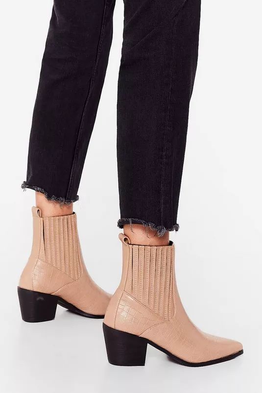 Faux Leather Croc Pointed Ankle Boots | Nasty Gal (US)