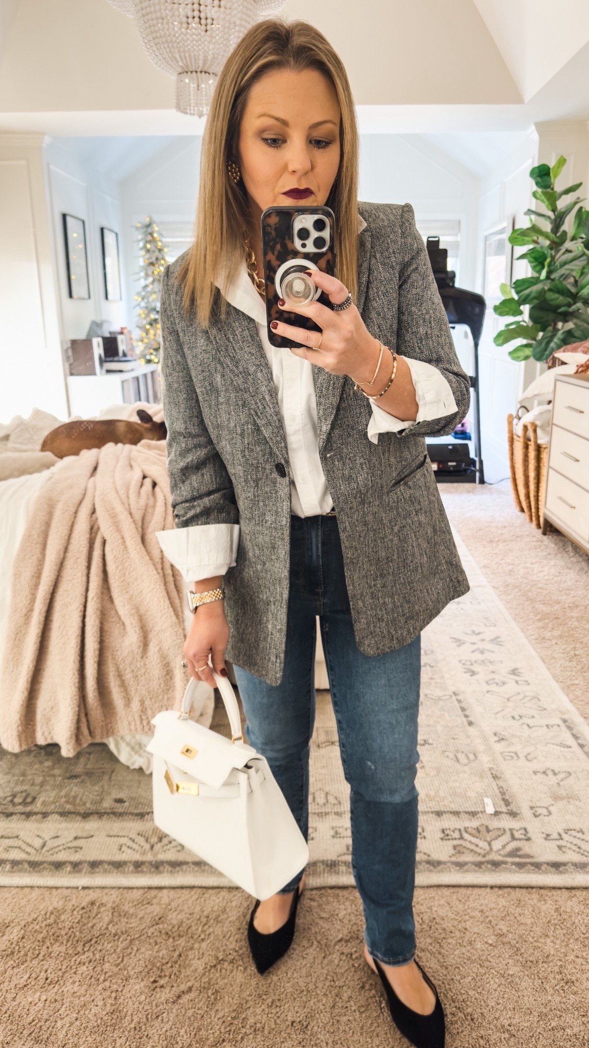 Casual church outfit, tailored enough for a business casual work look at the office! 

In love with the ruched sleeves on the blazer that make layering a breeze (and love not having to worry about unrolled sleeves). Fits TTS — I’m 5’3 and wearing a medium. 

Affordable boyfriend button down — I’m wearing a medium for an oversized fit but if you prefer less slouchy, size down.

I’m wearing a 6-12 in the always fits jeans (a true miracle that they fit a span of 4 sizes and are so comfy!) they are 30% off right now!

I have my suede slingback slides in both the black and brown and they’re 66% off! Such a deal!

I sized down in the braided leather belt to an XXS-S but the sizing is super forgiving since you just put the needle wherever you want.

The necklace is part of the bogo 40% off deal. 

Also- my lipstick is a bit of a scourge but I’m obsessed with the formula! This color is Unrestrained.

#LTKBeauty #LTKGiftGuide #LTKWorkwear
