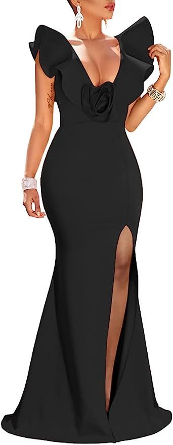 YMDUCH Women's Sexy Ruffle Sleeve V Neck High Split Evening Gown Long Formal Dress | Amazon (US)