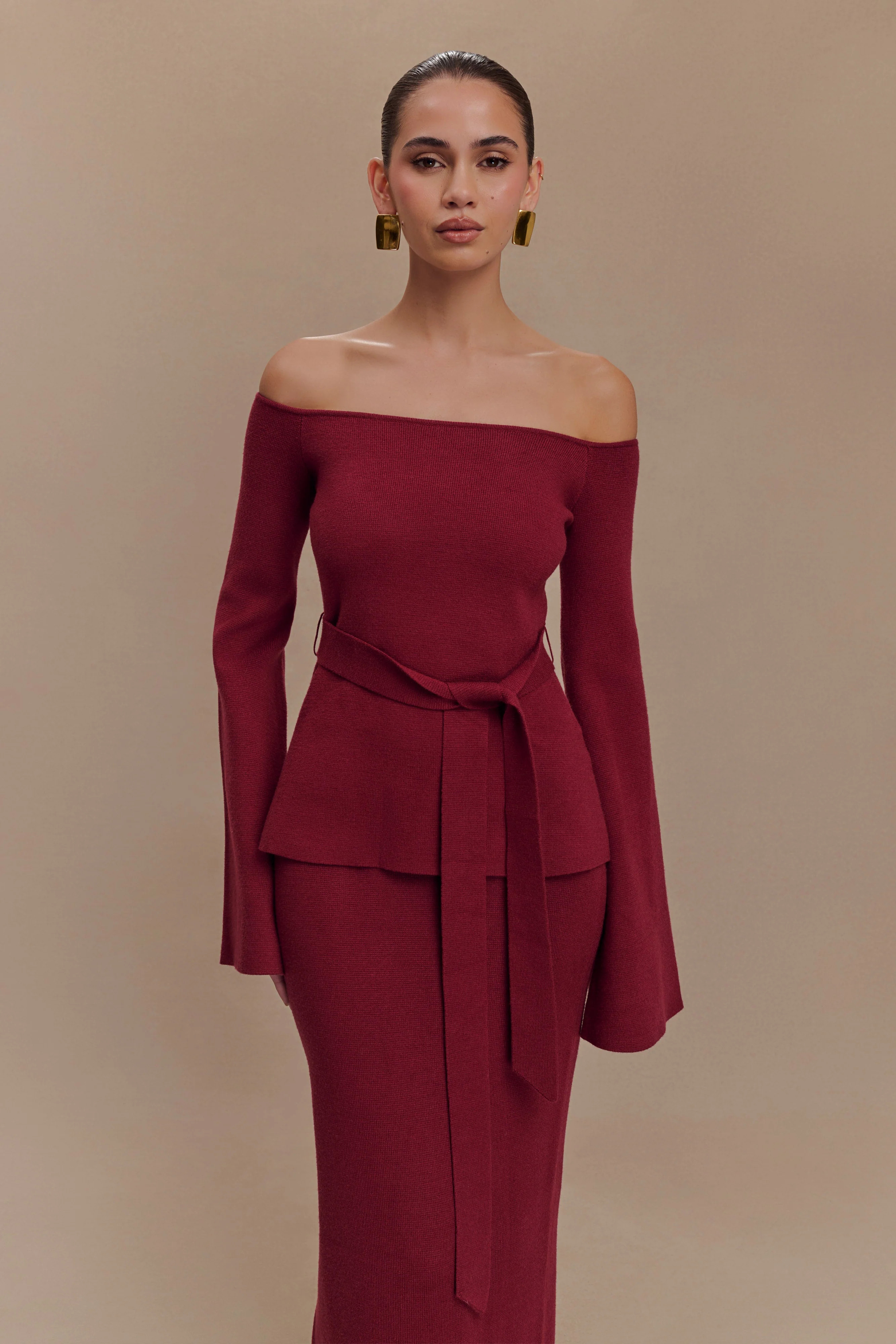 Kyle Off Shoulder Knit Top - Cherry Red | MESHKI US