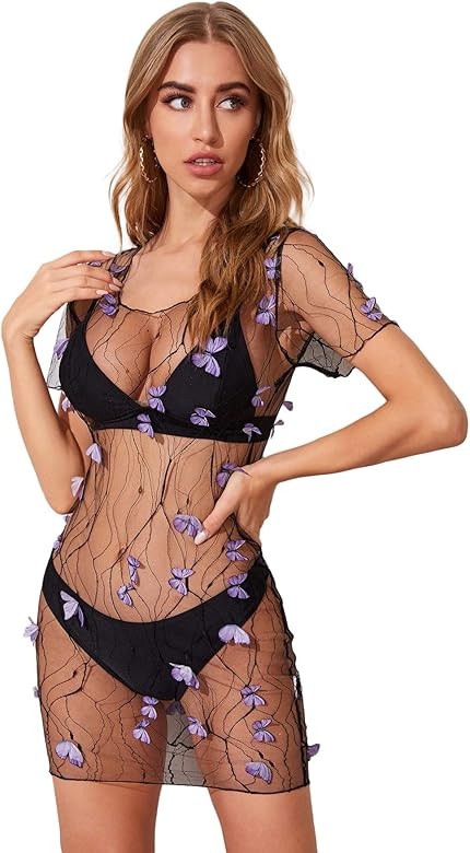 Women's Beach Cover Ups Short Sleeve See Through Sheer Mesh Short Dress | Amazon (US)