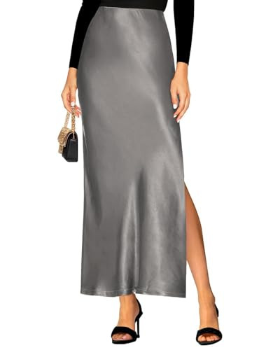 Women's 2025 Summer Satin Maxi Skirts High Waisted Spring Silk Casual A-Line Cocktail Party Long Skirt Grey | Amazon (US)