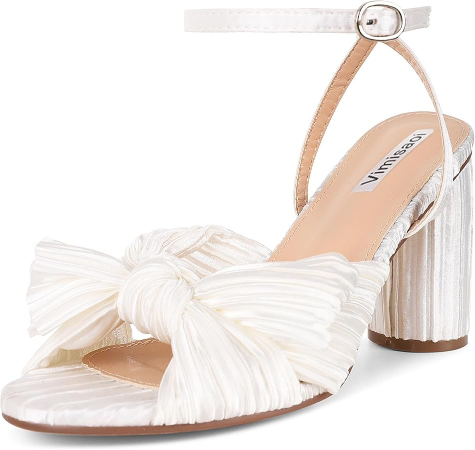 VIMISAOI Womens High Block Chunky Heel Sandals Fashion Open Toe Ankle Buckle Strap Pleated Bow He... | Amazon (US)
