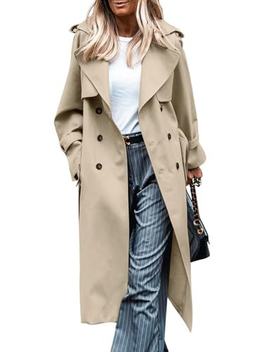 LILLUSORY Womens Double Breasted Long Trench Coat Dressy Overcoat with Belt Fall Winter Fashion Trendy Clothes Outfits 2025 Khaki L | Amazon (US)
