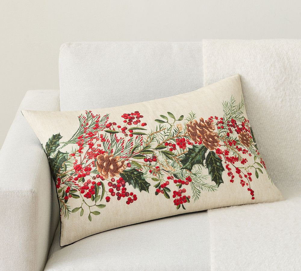 Holly Berry Embroidered Lumbar Pillow | Pottery Barn (US)