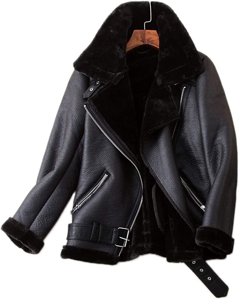 LY VAREY LIN Women's Faux Shearing Moto Jacket Thick Lined Parka Winter Shearling Coat Leather Jacke | Amazon (US)