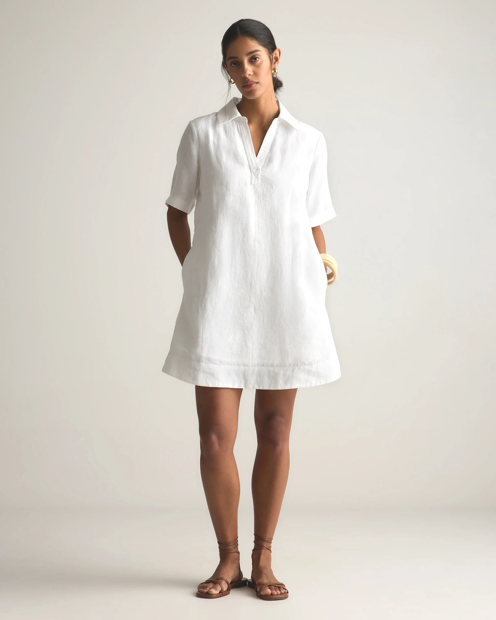 100% European Linen Popover Mini Dress in White | Quince