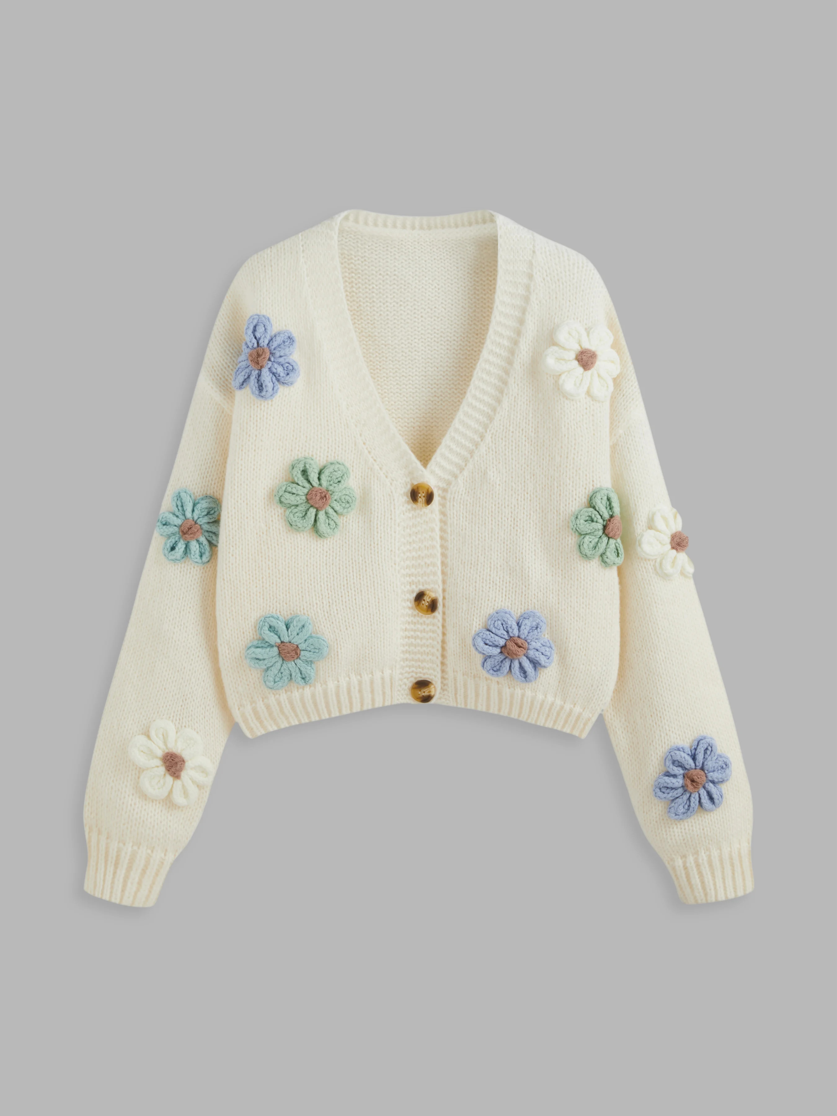 Fall Sweater Knit Fabric V-neck Button Flower Cardigan For School Daily Casual Date Coffee Shop | Cider