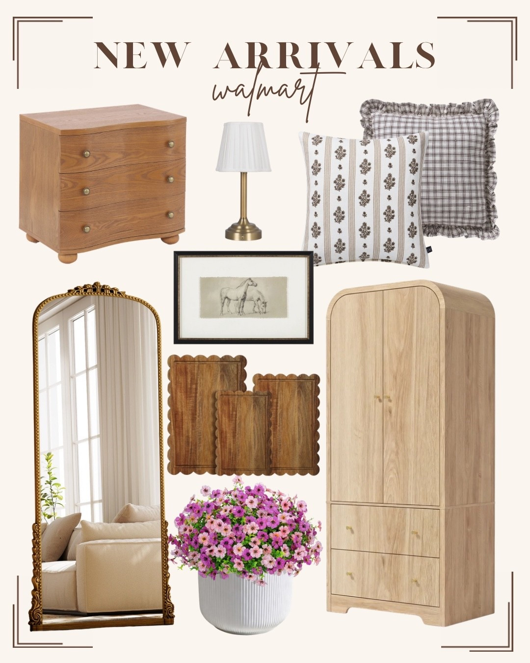 New home decor and furniture arrivals at Walmart!! 

Nightstand// armoire cabinet // vintage style gold mirror // cutting board set // pillow covers // neutral home decor // faux flowers for the front porch 

#LTKHome