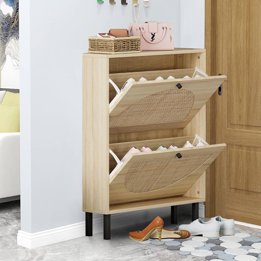Yoluckea Rattan Shoe Storage Cabinet/Rack with 2 Flip Drawers for Entryway Modern Wooden Free Sta... | Amazon (US)
