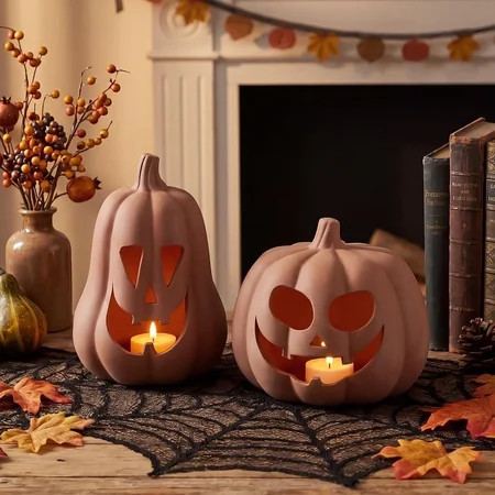2-Pack Halloween Terracotta Pumpkin Decoration, Resin Handmade Clay Jack-O-Lantern Tealight Holder, Rustic Farmhouse Fall Tabletop Ornament Fall Decor Halloween Decoration, Brown | Walmart (US)