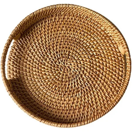 Woven Rattan Basket, Round Serving Trays with Handles,Coffee Table Centerpiece Decorative Trays for Home Decor, Rattan Tray for Breakfast, Drinks, Snack,10 in | Walmart (US)