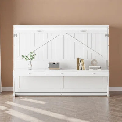 Queen Size Wall Murphy Bed With Storage, Foldable Cabinet Bed With Vanity Desk, Center Mirror & 2 Side Drawers | Wayfair North America